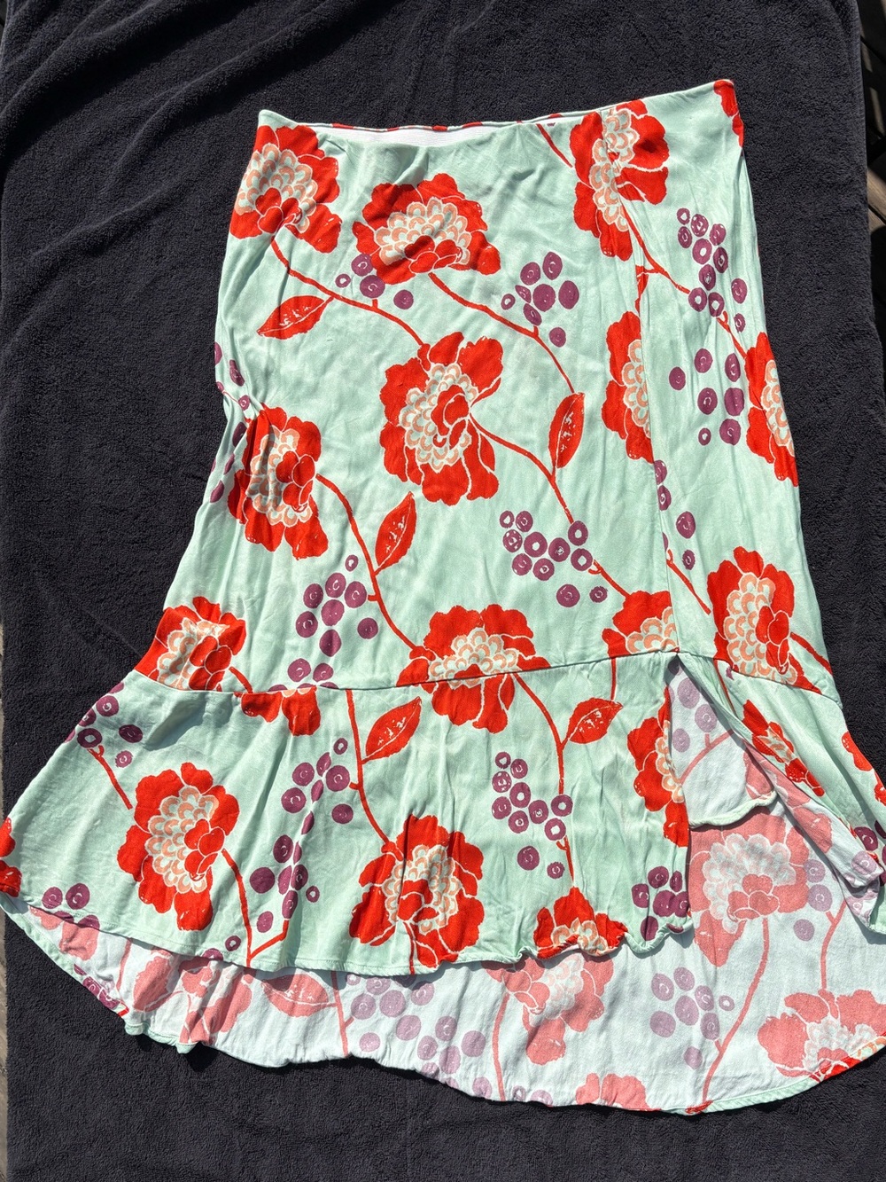 Anthropologie Mint Midi Skirt with Red Floral and Purple Berry Print